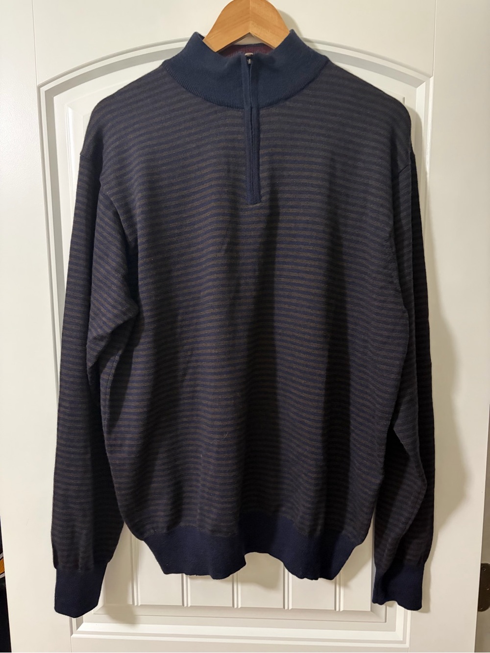 Peter Millar Navy and Dark Grey Striped Quarter-Zip Sweater Merino Wool